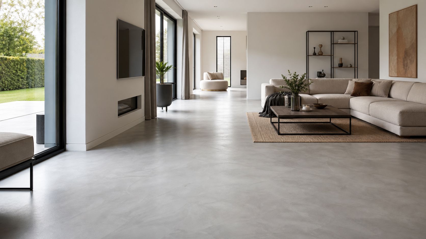 Betonlook gietvloer in een woonkamer, geschikt voor vloerverwarming