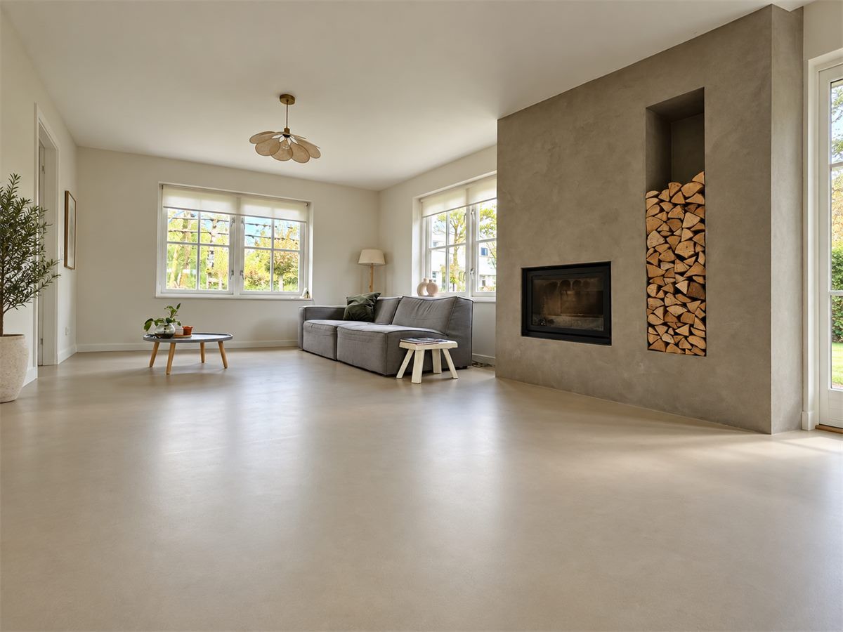 Gietvloer in een landelijke woonkamer in de Betuwe Beige gietvloer in een landelijke woonkamer met haard en houtopslag in de Betuwe